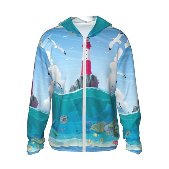 Goofa Lighthouse Sea Port Printed Women's UPF 50+ Sun Protection Hoodie Jacket Lightweight Long Sleeve Sun Shirt for Women with Pocket Hiking Outdoor-X-Large