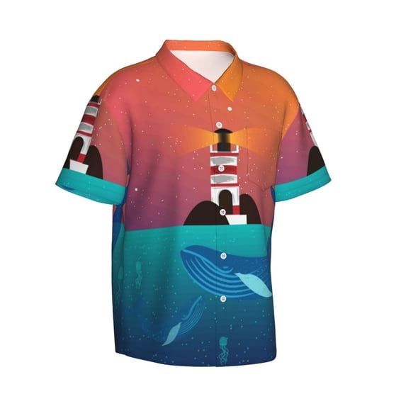 Goofa Lighthouse and Whale Hawaiian Shirt for Men, Unisex Summer Beach Casual Short Sleeve Button Down Shirts,Aloha Tropical Floral print shirt-Small
