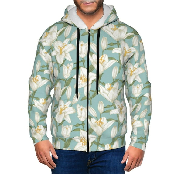 Goofa Lilies Flowers Pattern Mens Full-zip Hoodie, Zip-up Pullover Hooded Sweatshirt, Kangaroo Pocket Hoodie Ideal for Daily Wear, Travel, and Home-Medium