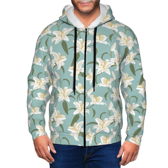 Goofa Lilies Flowers Pattern Mens Full-zip Hoodie, Zip-up Pullover Hooded Sweatshirt, Kangaroo Pocket Hoodie Ideal for Daily Wear, Travel, and Home-Medium