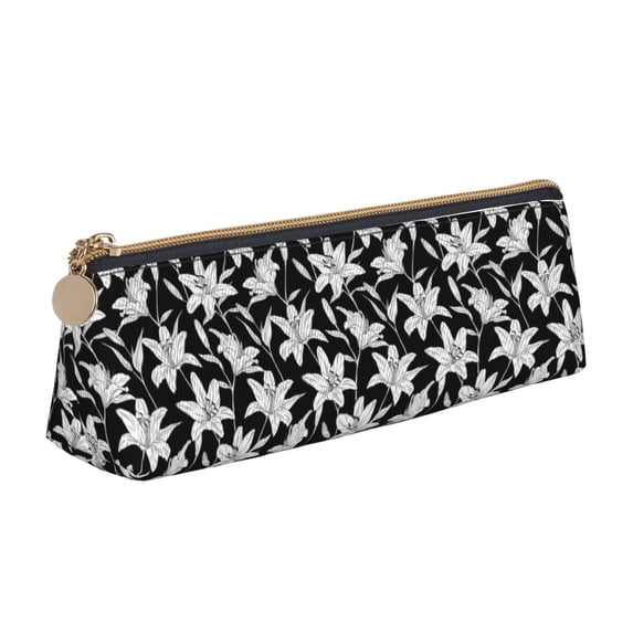 Goofa Lilies Flowers Pattern Pencil Case Portable Stylish Triangle Pencil Pouch with Zipper Leather Cosmetic Pouch Bag Makeup Cosmetic Pencil Pouch