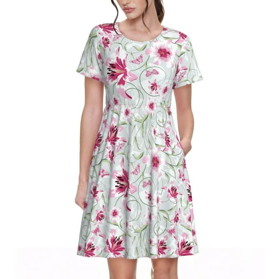 Goofa Lilies Flowers Pattern Women Summer Short Sleeve Midi Dress with Pockets Casual Aline Flowy Tshirt Dress Vocation Beach Sundress