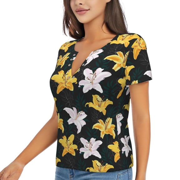Goofa Lilies Flowers Pattern Womens Deep V Neck Low Cut Tops Casual Summer Short Sleeve Ribbed Knit T-Shirts-Small