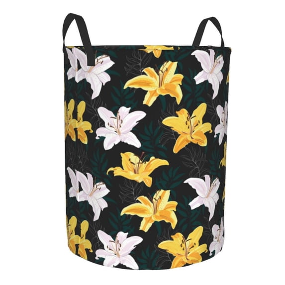 Goofa Lilies Flowers Printed Circular Hamper,Laundry Basket with Handles,Storage Baskets Foldable,Large Capacity Laundry Hamper-Medium