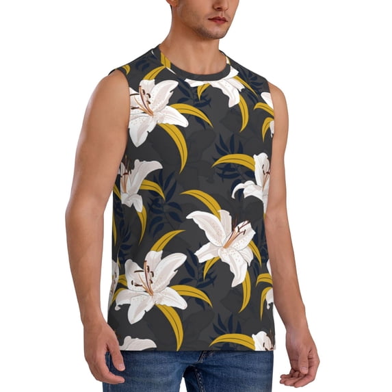 Goofa Lilies Flowers Printed Men's Sleeveless T-Shirt - Athletic Gym Workout Tank Top for Men - Moisture-Wicking, UPF 30+ Quick-Dry Muscle Tee-X-Large
