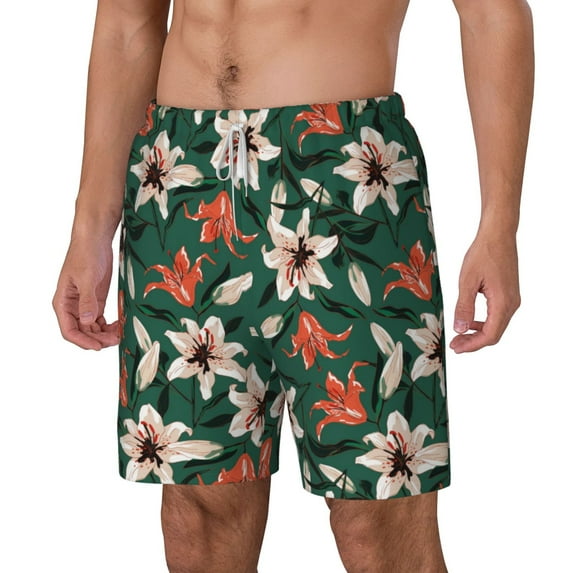 Goofa Lilies Flowers Printed Men's Swim Trunks Board Shorts Quick Dry Mens Swimming Trunks with Compression Liner,Breathable Fit Hawaii Beach Shorts-Large