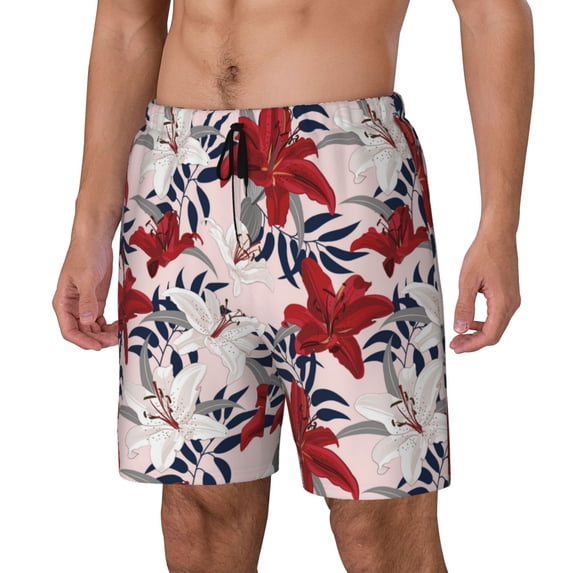 Goofa Lilies Flowers Printed Men's Swim Trunks Board Shorts Quick Dry Mens Swimming Trunks with Compression Liner,Breathable Fit Hawaii Beach Shorts-X-Large