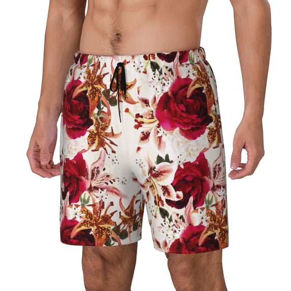 Goofa Lilies Flowers Printed Men's Swim Trunks Board Shorts Quick Dry Mens Swimming Trunks with Compression Liner,Breathable Fit Hawaii Beach Shorts-X-Large