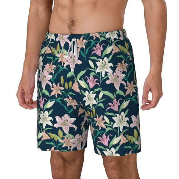 Goofa Lilies Flowers Printed Men's Swim Trunks Board Shorts Quick Dry Mens Swimming Trunks with Compression Liner,Breathable Fit Hawaii Beach Shorts-Small