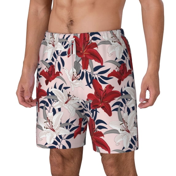 Goofa Lilies Flowers Printed Men's Swim Trunks Board Shorts Quick Dry Mens Swimming Trunks with Compression Liner,Breathable Fit Hawaii Beach Shorts-X-Large