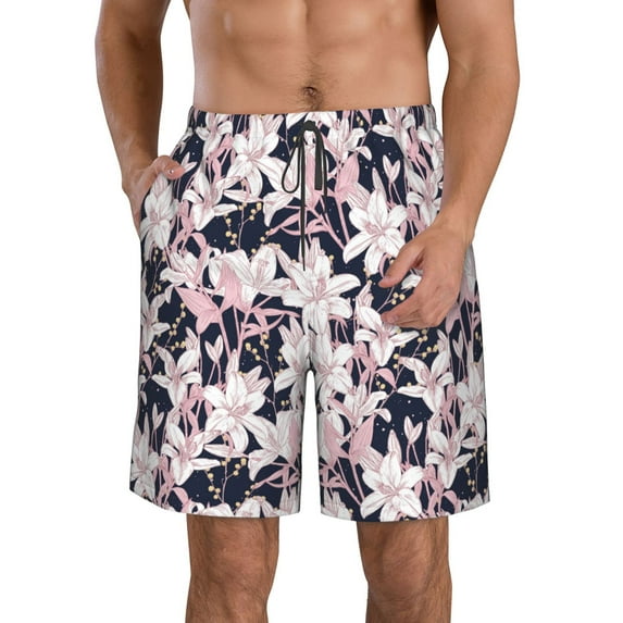 Goofa Lilies Flowers Printed Mens Swim Trunks Summer Quick Dry Short Beach Swimwear Bathing Suits-Medium