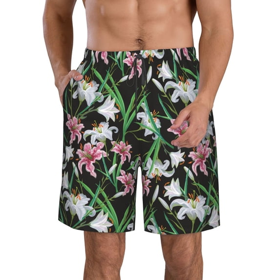 Goofa Lilies Flowers Printed Mens Swim Trunks Summer Quick Dry Short Beach Swimwear Bathing Suits-XX-Large