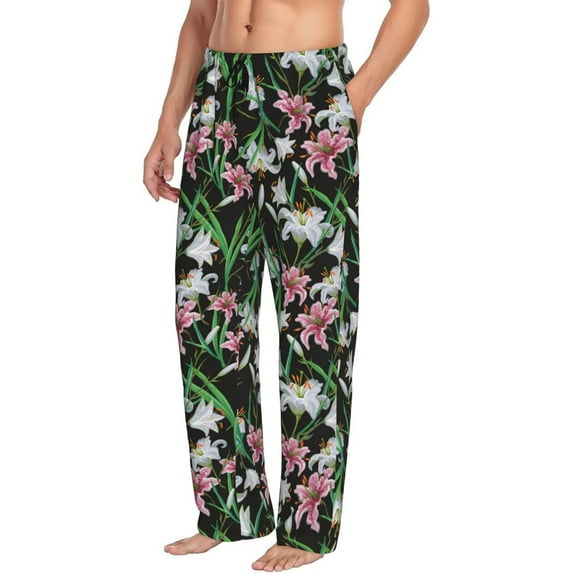 Goofa Lilies Flowers Printed Soft Pajama Pants for Men, Wide Leg Comfy Casual Lounge Yoga Pants-X-Large