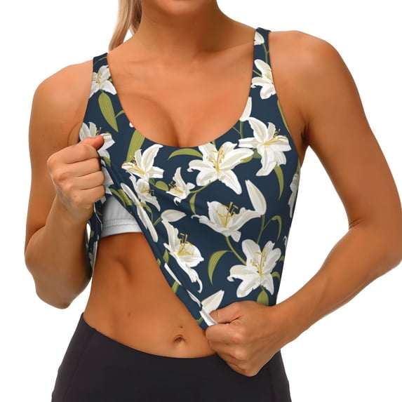 Goofa Lilies Flowers Printed Sports Bras for Women, High Impact Running Bra Workout Crop Tank Tops Longline Sports Bra Push up-Small