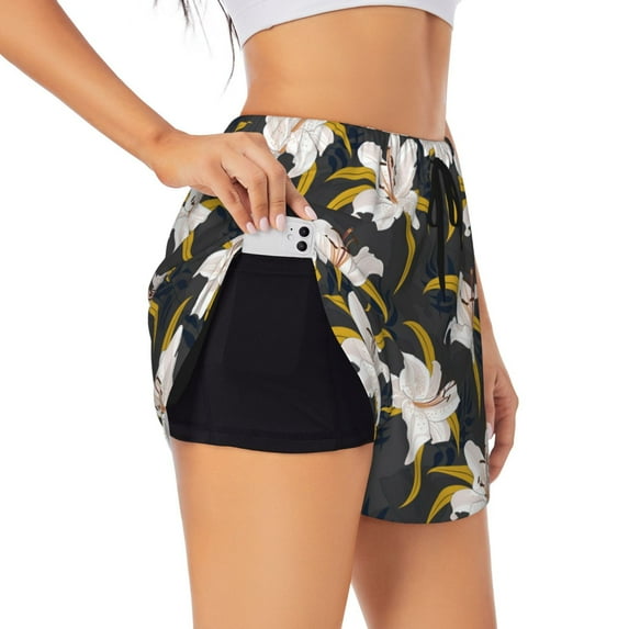 Goofa Lilies Flowers Printed Women 2 in 1 Running Shorts,Quick Dry Athletic Workout Shorts,High Waisted Athletic Shorts with Liner Pockets-Large