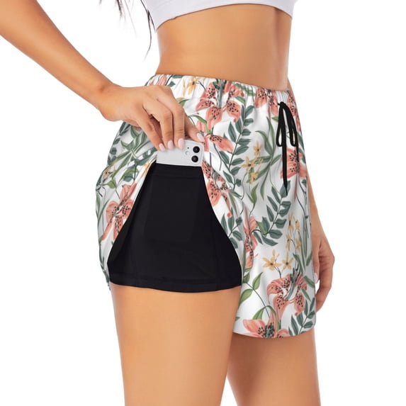 Goofa Lilies Flowers Printed Women 2 in 1 Running Shorts,Quick Dry Athletic Workout Shorts,High Waisted Athletic Shorts with Liner Pockets-Small