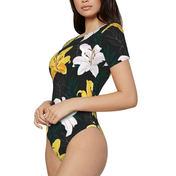 Goofa Lilies Flowers Printed Women Rash Guard Short Sleeve,Tummy control Swimsuit Surfing Swimsuit Bathing Suit One Piece Swimsuit UPF 50-Small