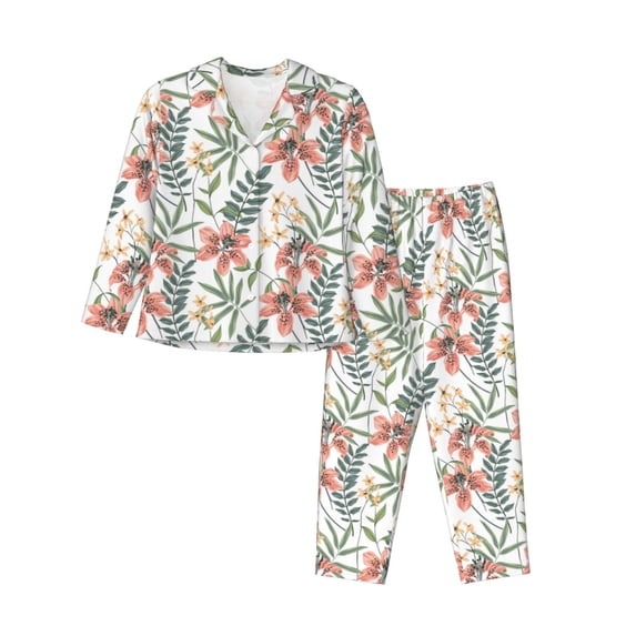 Goofa Lilies Flowers Printed Women’s 2 Piece Pajama Set Super,Pajamas Women's Long Sleeve Sleepwear Soft Button Down Loungewear Pjs Lounge Set Nightwear-