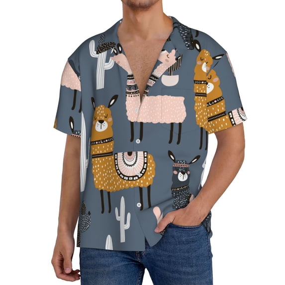 Goofa Llama and Cactus Printed Men's Casual Short-sleeved Shirt,Lightweight Breathable Button-down,Summer Casual men's top,Versatile Fashion shirt-