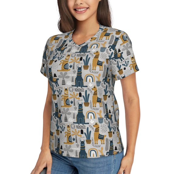 Goofa Llama and Cactus1 Pattern Women's Slim-Fit Short-Sleeve V-Neck T-Shirt,Classic-Fit Short-Sleeve V-Neck T-Shirt-Medium