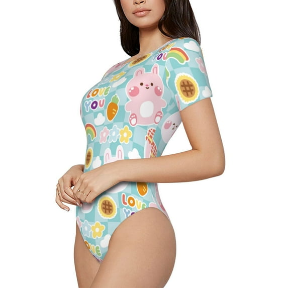 Goofa Love You Rabbit Printed Women Rash Guard Short Sleeve,Tummy control Swimsuit Surfing Swimsuit Bathing Suit One Piece Swimsuit UPF 50-Medium