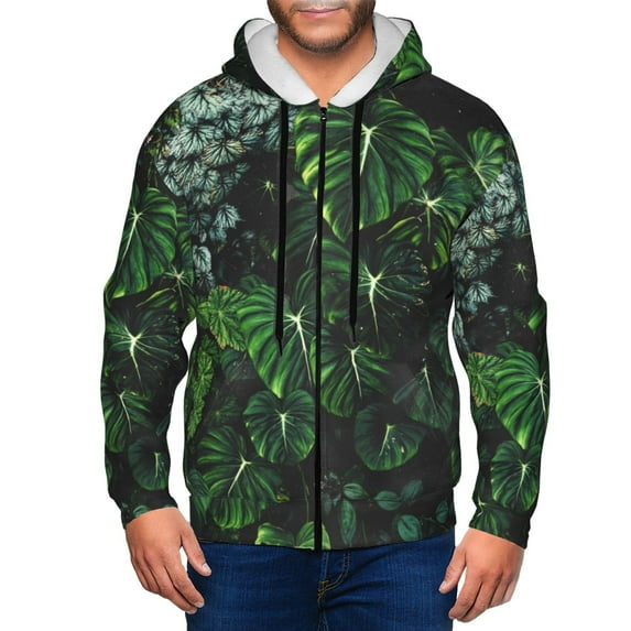 Goofa Lush Foliage Green Plant Pattern Mens Full-zip Hoodie, Zip-up Pullover Hooded Sweatshirt, Kangaroo Pocket Hoodie Ideal for Daily Wear, Travel, and Home-