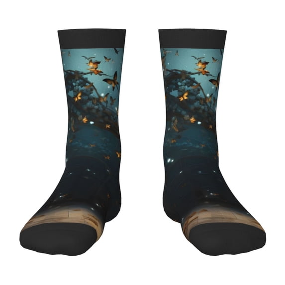 Goofa Magical Library Butterfly Night Pattern Children's Crew Socks, Kids' Daily Wear and Sports Socks, Breathable Socks, Sports Socks, Moisture-Wicking Socks for Children