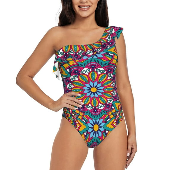 Goofa Mandala Pattern Women's One Piece Swimsuits Tummy Control Bathing Suits Asymmetric One Shoulder Swimwear-Medium