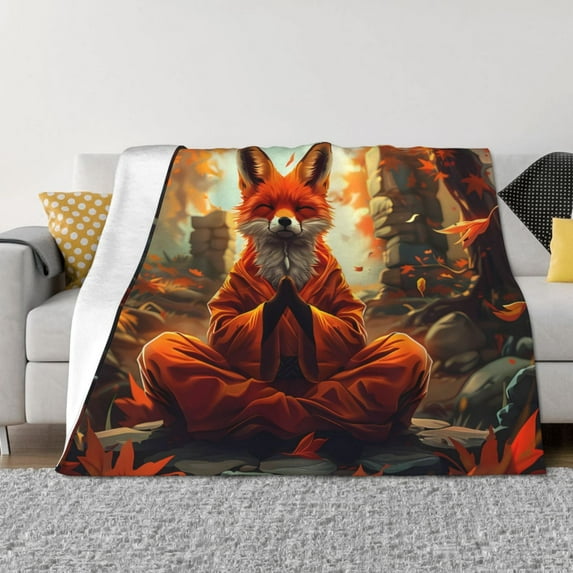 Goofa Maple Leaf Meditating Fox Pattern Fleece Throw Blanket for Couch, Soft Checkered Flannel Blanket for Sofa, Warm Cozy Decorative Blanket Fall Decor Gift-60"x50"
