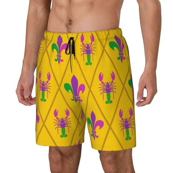 Goofa Mardi Gras Crayfish and Fleur de lis Printed Men's Swim Trunks Board Shorts Quick Dry Mens Swimming Trunks with Compression Liner,Breathable Fit Hawaii Beach Shorts-3X-Large