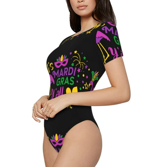 Goofa Mardi Gras with Flamingo Printed Women Rash Guard Short Sleeve,Tummy control Swimsuit Surfing Swimsuit Bathing Suit One Piece Swimsuit UPF 50-X-Large