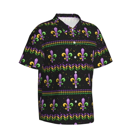 Goofa Mardi Gras Fleur de Lis Hawaiian Shirt for Men, Unisex Summer Beach Casual Short Sleeve Button Down Shirts,Aloha Tropical Floral print shirt-Large