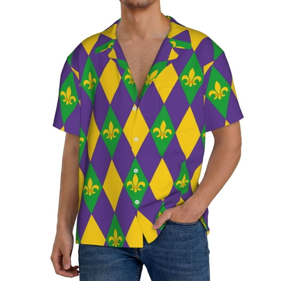 Goofa Mardi Gras Printed Men's Casual Short-sleeved Shirt,Lightweight Breathable Button-down,Summer Casual men's top,Versatile Fashion shirt-Small