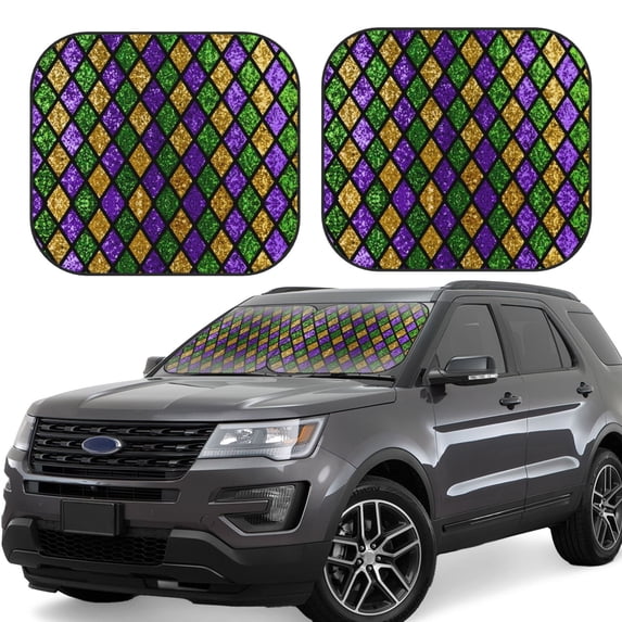 Goofa Mardi Gras Shiny Green Purple Pattern 2 Piece Car Windshield Sun Shade Foldable | Front Windshield Shade for Sun, Heat and UV Rays | Sunshade for Car Front Window-Small
