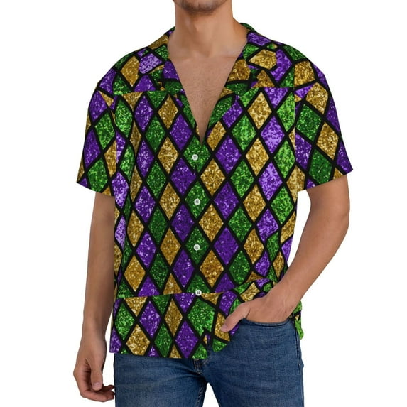 Goofa Mardi Gras Shiny Green Purple Printed Men's Casual Short-sleeved Shirt,Lightweight Breathable Button-down,Summer Casual men's top,Versatile Fashion shirt-4X-Large