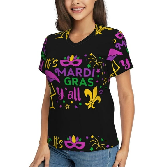 Goofa Mardi Gras with Flamingo Pattern Women's Slim-Fit Short-Sleeve V-Neck T-Shirt,Classic-Fit Short-Sleeve V-Neck T-Shirt-Large