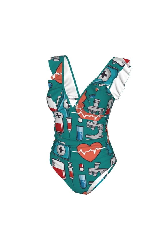 Medical Elements Print Women's Ruffled One Piece Swimsuit V Neck