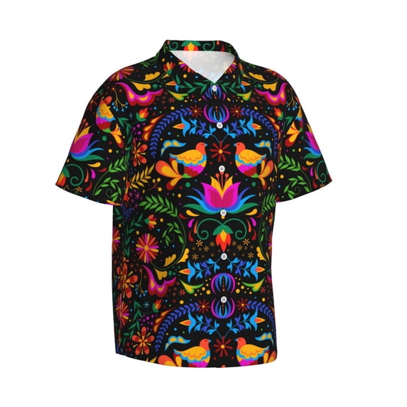 Goofa Mexican Flower Traditional1 Hawaiian Shirt for Men, Unisex Summer Beach Casual Short Sleeve Button Down Shirts,Aloha Tropical Floral print shirt-Large