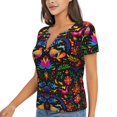thumbnail image 1 of Goofa Mexican Flower Traditional1 Pattern Womens Deep V Neck Low Cut Tops Casual Summer Short Sleeve Ribbed Knit T-Shirts-Large, 1 of 5