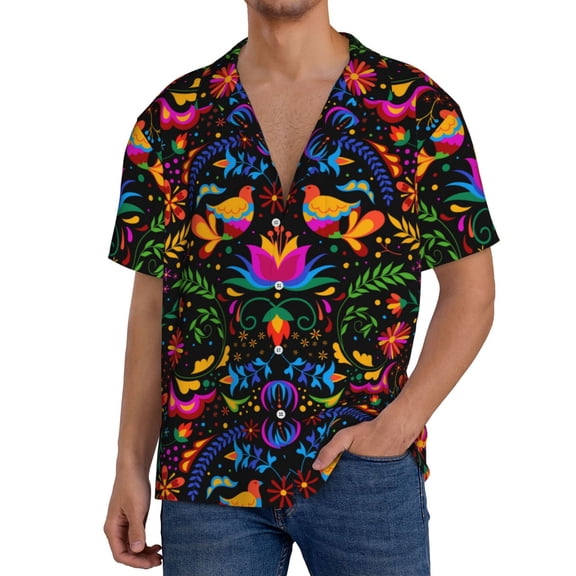 Goofa Mexican Flower Traditional1 Printed Men's Casual Short-sleeved Shirt,Lightweight Breathable Button-down,Summer Casual men's top,Versatile Fashion shirt-4X-Large