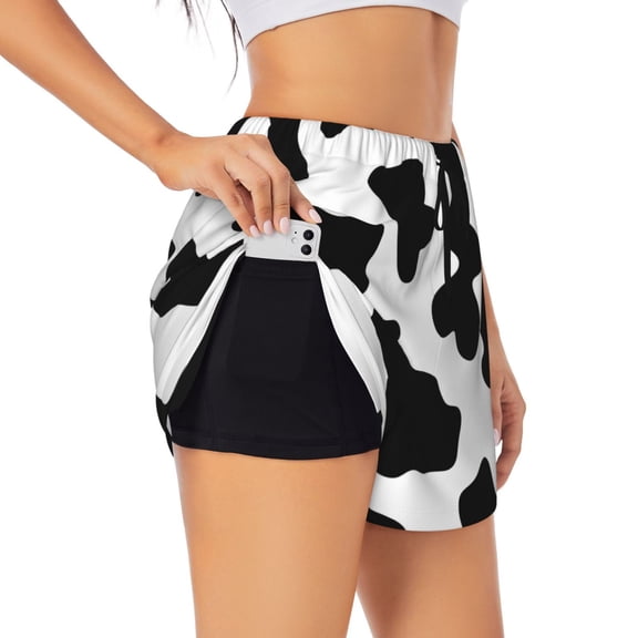 Goofa Milk Cow Printed Women 2 in 1 Running Shorts,Quick Dry Athletic Workout Shorts,High Waisted Athletic Shorts with Liner Pockets-