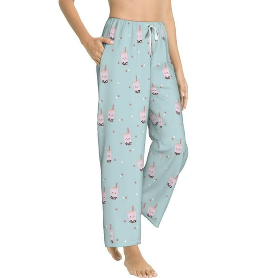 Goofa Milk Tea Printed Soft Pajama Pants for Women, Wide Leg Comfy Casual Lounge Yoga Pants-Small