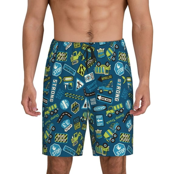 Goofa Modern Excavator Pattern Men's Pajama Short Sleep Shorts Soft Comfortable Breathable Pajamas Shorts with Pockets-X-Large