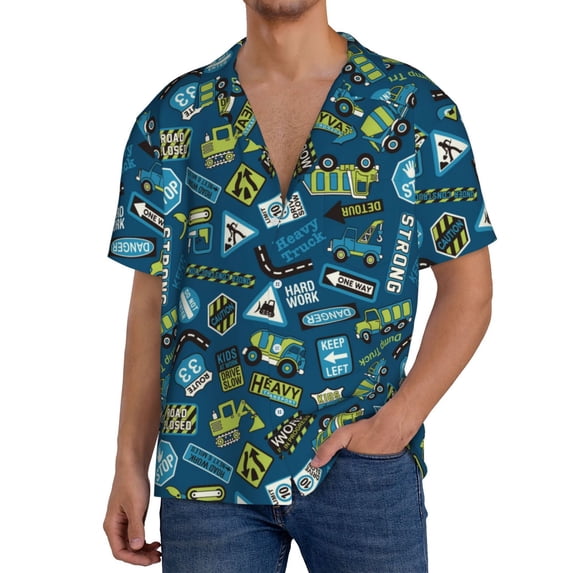 Goofa Modern Excavator Printed Men's Casual Short-sleeved Shirt,Lightweight Breathable Button-down,Summer Casual men's top,Versatile Fashion shirt-