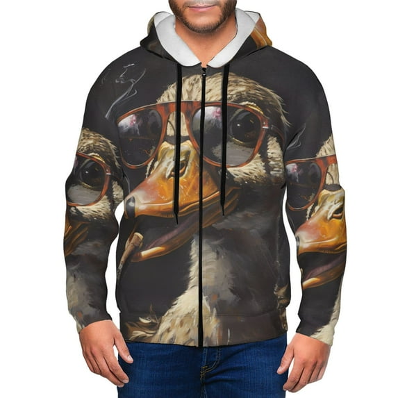 Goofa Modern Funny Duck Pattern Mens Full-zip Hoodie, Zip-up Pullover Hooded Sweatshirt, Kangaroo Pocket Hoodie Ideal for Daily Wear, Travel, and Home-XX-Large