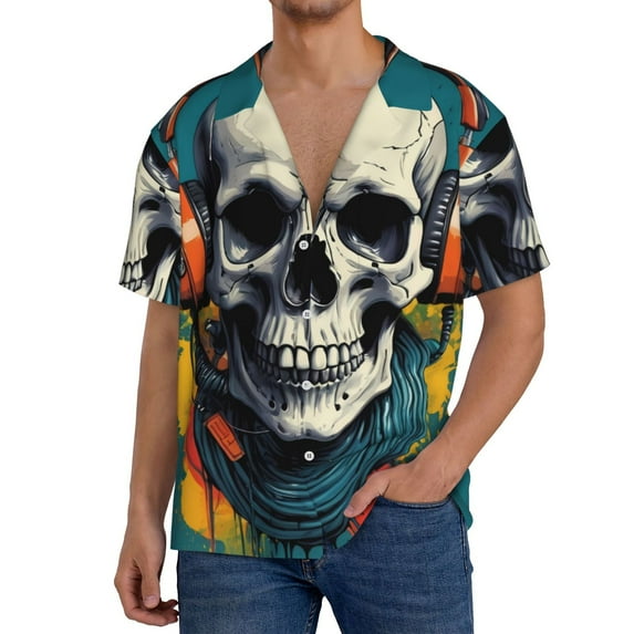 Goofa Modern Hip-Hop Skull Printed Men's Casual Short-sleeved Shirt,Lightweight Breathable Button-down,Summer Casual men's top,Versatile Fashion shirt-4X-Large