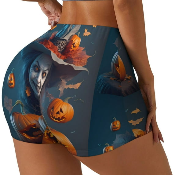 Goofa Modern Style Pumpkin Witch Printed Workout Shorts Women Seamless Scrunch Butt Lifting High Waisted Gym Booty Shorts Elastic Workout Shorts-Large