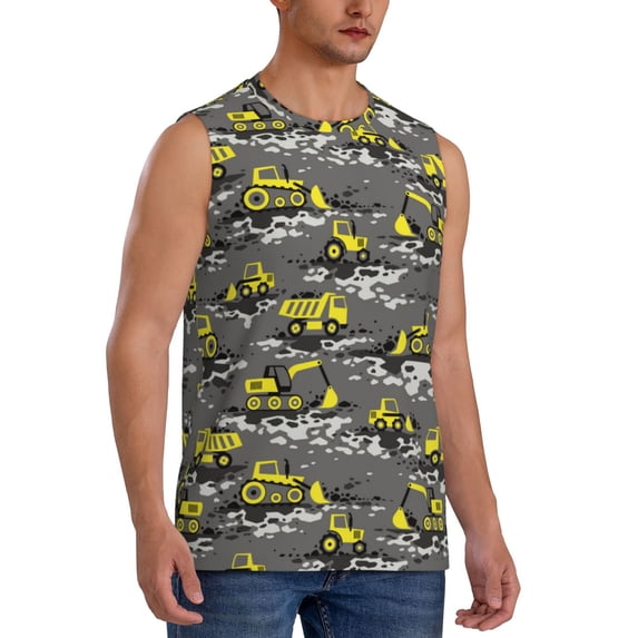 Goofa Modern Yellow Excavator Printed Men's Sleeveless T-Shirt - Athletic Gym Workout Tank Top for Men - Moisture-Wicking, UPF 30+ Quick-Dry Muscle Tee-Small