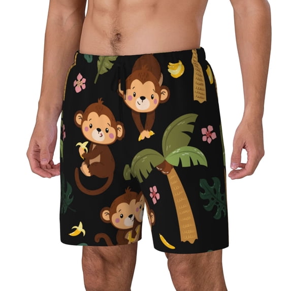 Goofa Monkeys Swinging from Palms Printed Men's Swim Trunks Board Shorts Quick Dry Mens Swimming Trunks with Compression Liner,Breathable Fit Hawaii Beach Shorts-Small