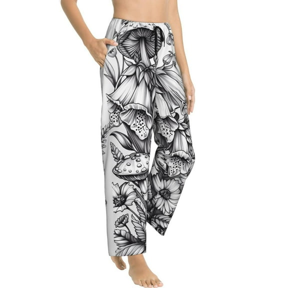 Goofa Monochrome Botanical Illustration Printed Soft Pajama Pants for Women, Wide Leg Comfy Casual Lounge Yoga Pants-Medium